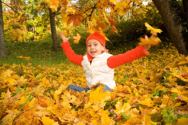 Красива маленька дівчинка з осіннім листям — стокове фото