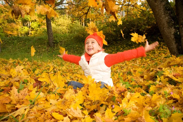 Beautiful little girl with autumn leaves — Stock Photo, Image