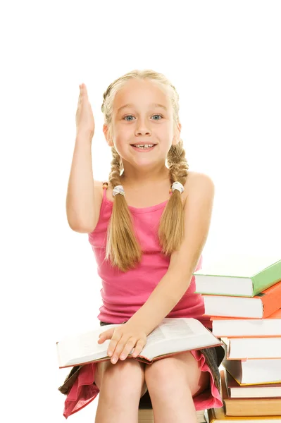 Little schoolgirl raised her hand — Stock Photo, Image