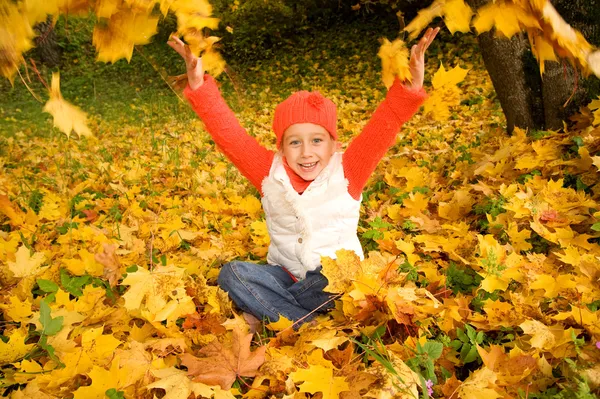 Красивая маленькая девочка с осенними листьями — стоковое фото