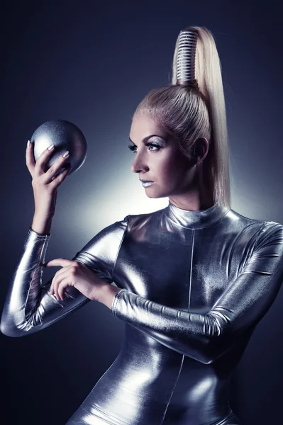 Cyber woman with silver ball — Stock Photo, Image