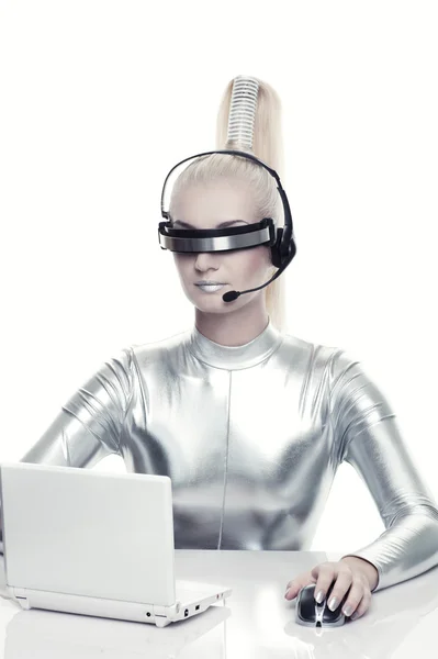 stock image Cyber woman working on her laprop