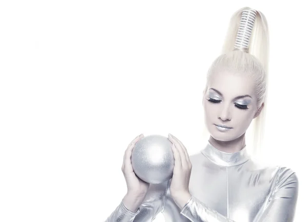 Cyber woman with silver ball — Stock Photo, Image