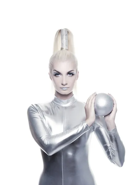 Hermosa mujer cibernética con bola de plata —  Fotos de Stock