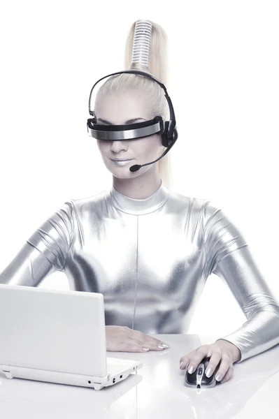Cyber woman working on her laptop — Stock Photo, Image