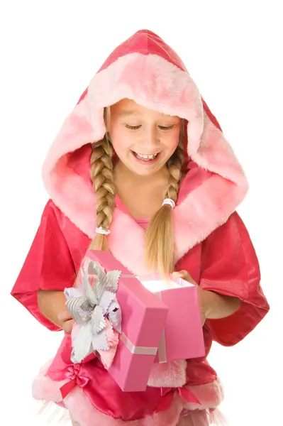 Pequena Menina Natal Abrir Seu Presente — Fotografia de Stock