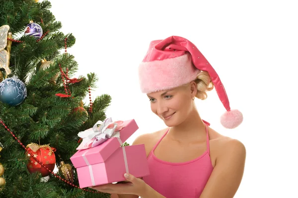 Mikulás Lány Karácsonyi Ajándék — Stock Fotó