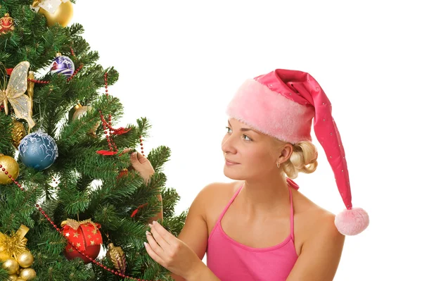 Santa Meisje Kerstboom Versieren — Stockfoto