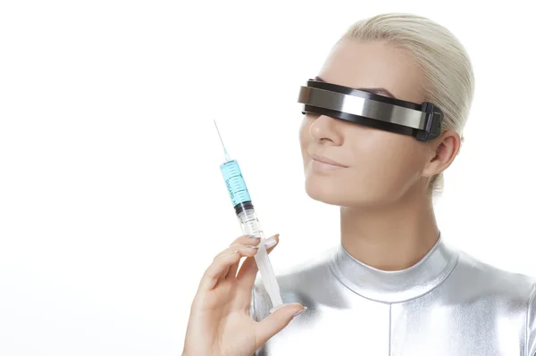 Cyber woman with syringe — Stock Photo, Image