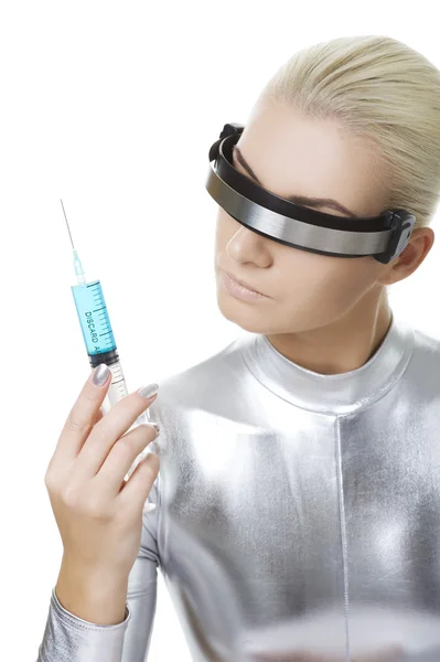 Cyber woman with syringe — Stock Photo, Image