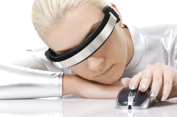 Cyber woman with computer mouse — Stock Photo, Image