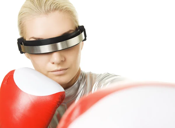 Mulher cibernética com luvas de boxe — Fotografia de Stock