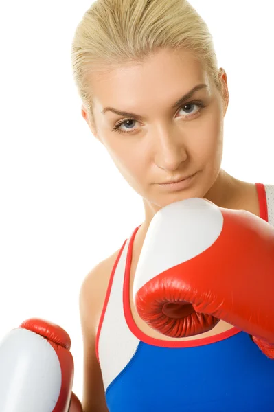 Young Woman Red Boxing Gloves — Stock fotografie