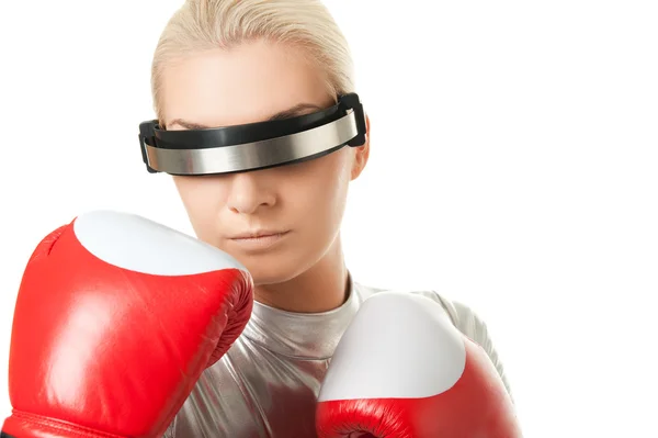 Cyber woman with a red boxing gloves — Stock Photo, Image