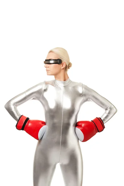 Mulher cibernética com luvas de boxe — Fotografia de Stock