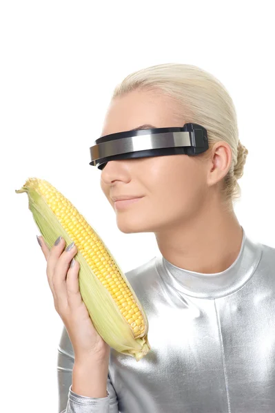 stock image Cyber woman with a corn