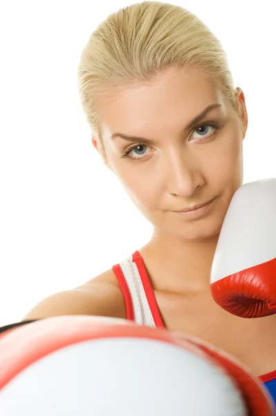 Young Woman Red Boxing Gloves — Stock Photo, Image