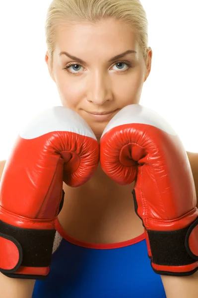 Young Woman Red Boxing Gloves — 图库照片
