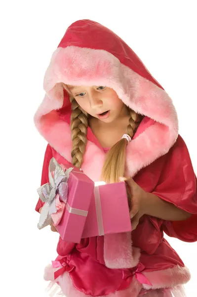 Kis Karácsonyi Lány Nyitott Vele Jelen — Stock Fotó