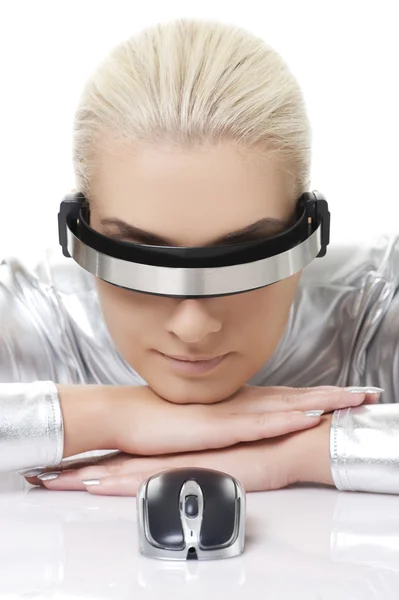 Cyber woman with computer mouse Royalty Free Stock Photos