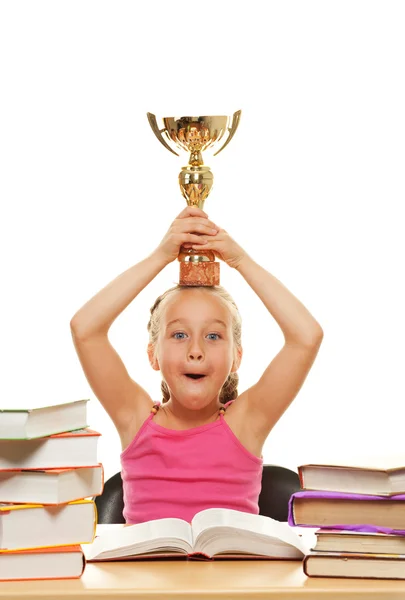 stock image Happy schoolgirl with a golden cup