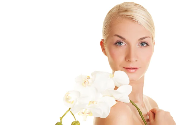 Young woman with white orchid — Stock Photo, Image