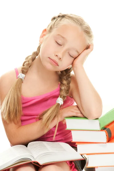 Little schoolgirl fall asleep — Stock Photo, Image