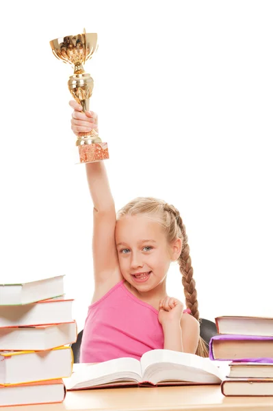 stock image Happy schoolgirl with a golden cup