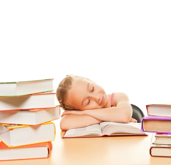 Little schoolgirl fall asleep — Stock Photo, Image