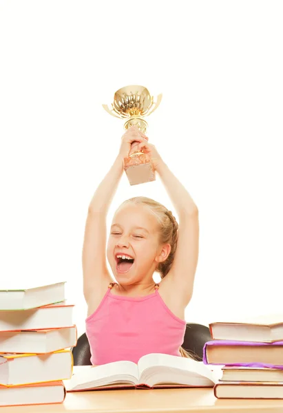 stock image Happy schoolgirl with a golden cup