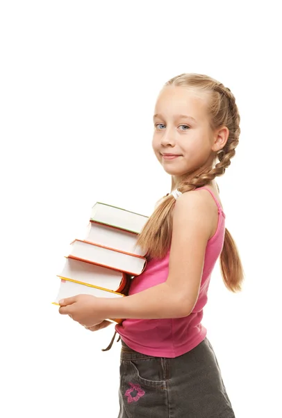 Щаслива маленька школярка з книгами — стокове фото