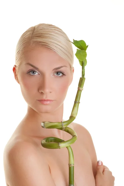 Jonge vrouw met een bamboe plant — Stockfoto