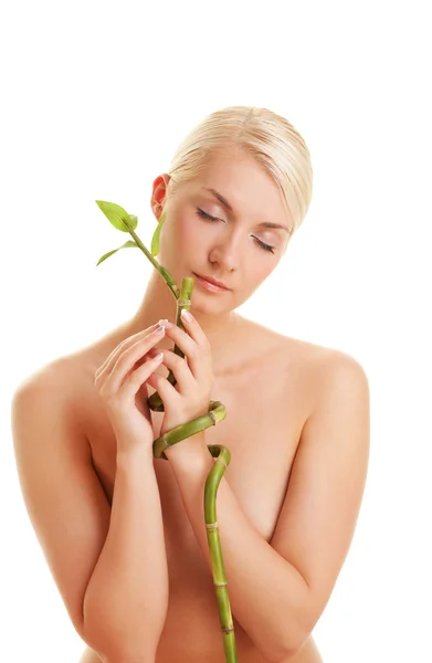Junge Frau mit einer Bambuspflanze — Stockfoto