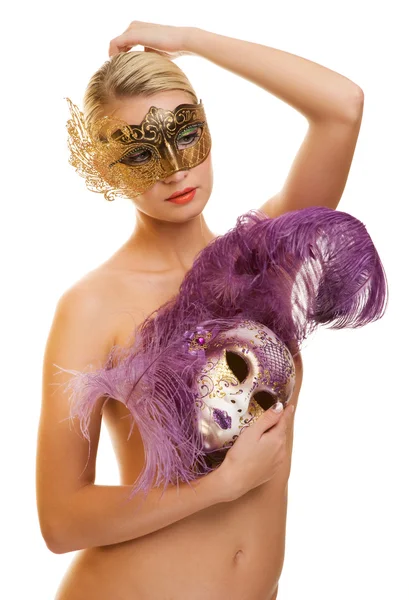 Beautiful young woman with carnival mask — Stock Photo, Image