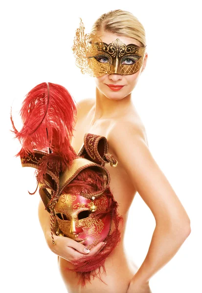 Beautiful young woman with carnival mask — Stock Photo, Image
