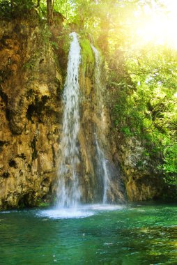 Sunrise over waterfall in wild forest clipart