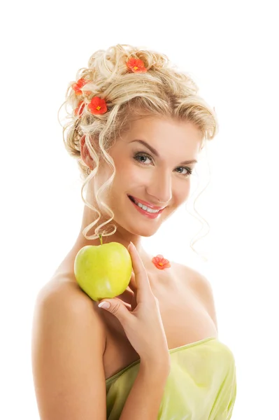 Güzel bir kadın ile olgun yeşil elma — Stok fotoğraf
