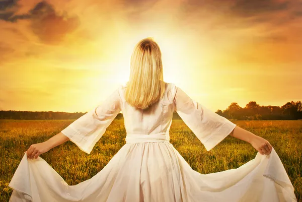 Красивая женщина в поле на закате — стоковое фото