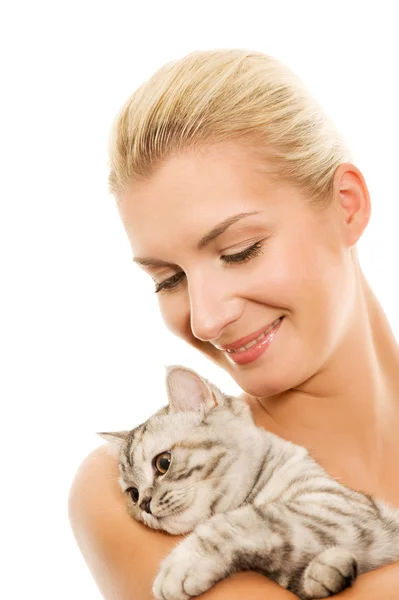 Beautiful woman with adorable kitten — Stock Photo, Image