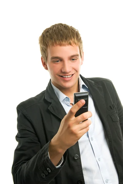 Homme heureux tenant téléphone mobile — Photo