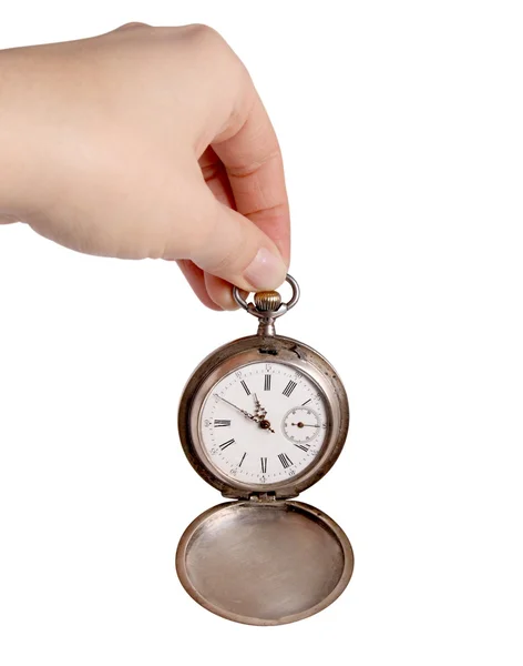 Ręka trzyma zegarek kieszonkowy srebrny — Zdjęcie stockowe
