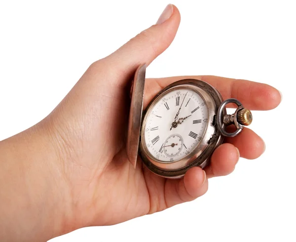 Silver pocket watch in hand — Stock Photo, Image