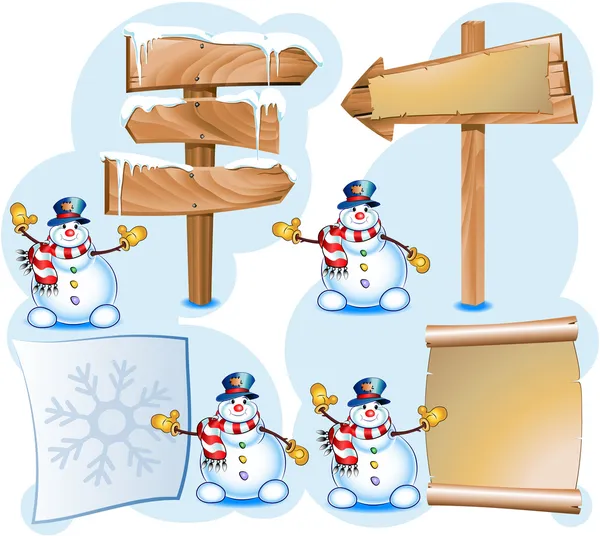 Sneeuwpop en wegwijzer — Stockvector