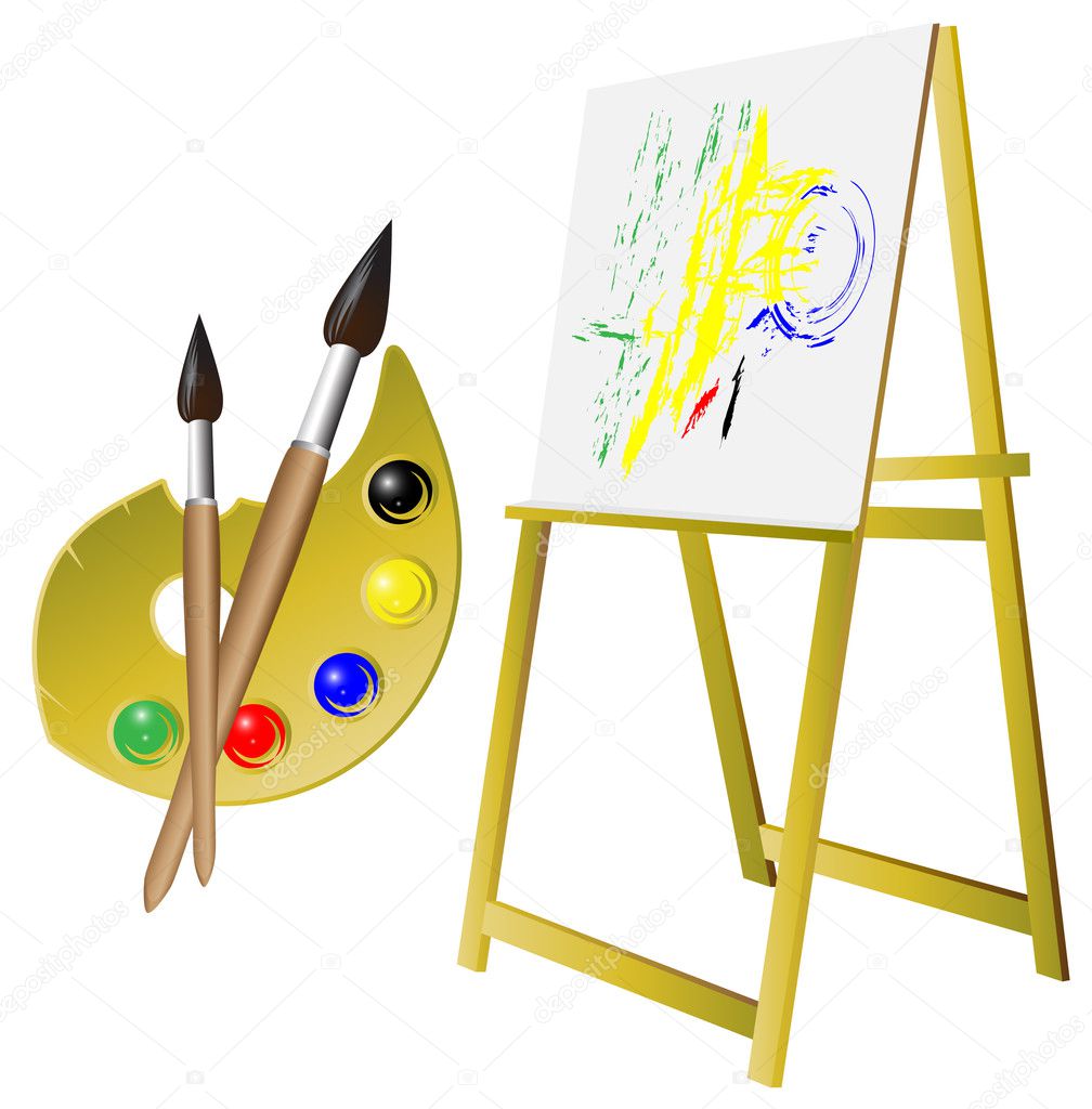 illustration of art easel and palette with brushes Stock Vector