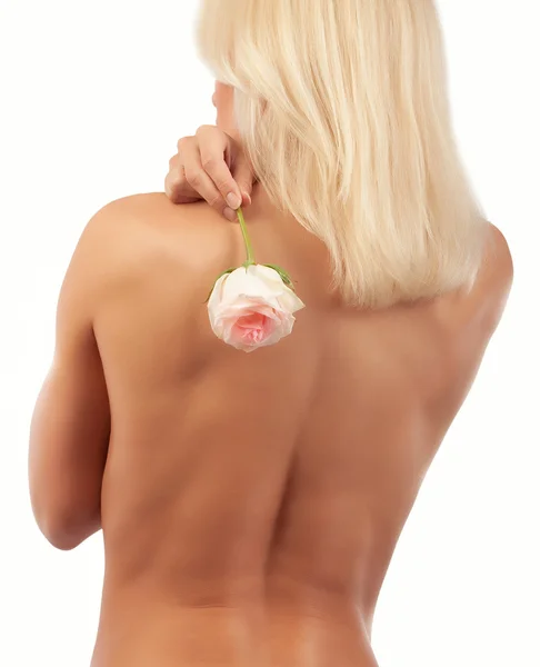 Back of blonde holding rose — Stock Photo, Image
