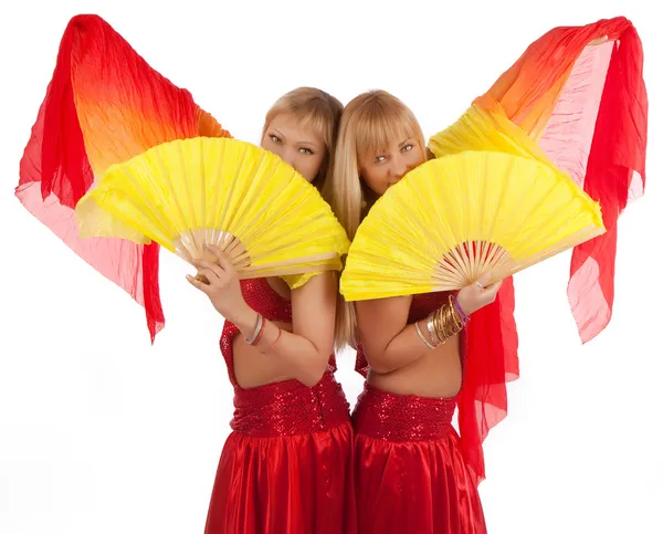 Happy girls with fantails — Stock Photo, Image