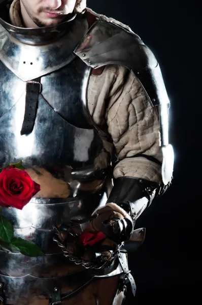 Knight looking at beautiful rose — Stock Photo, Image