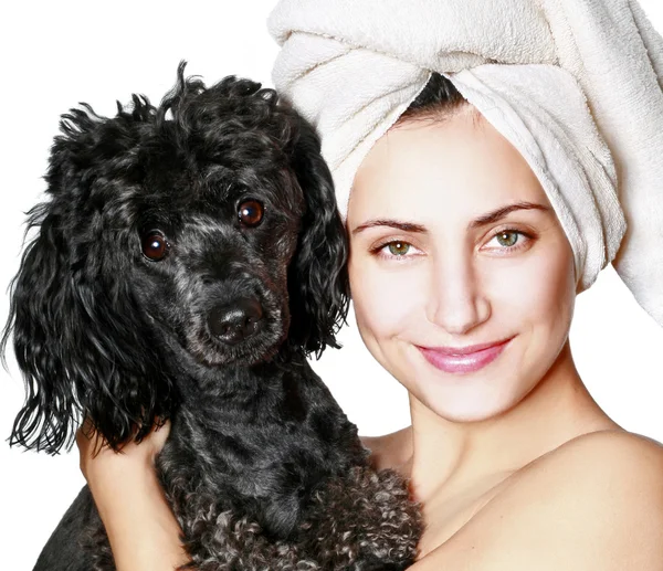Beautiful woman with small poodle — Stock Photo, Image