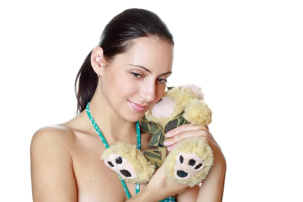 Portrait of young woman with bear — Stock Photo, Image