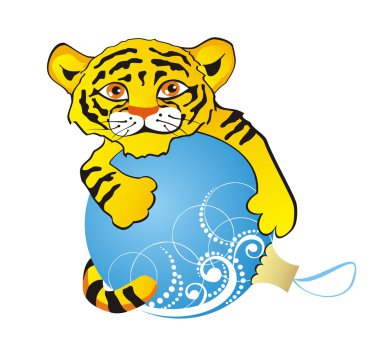 Cute christmas tiger with a toy clipart